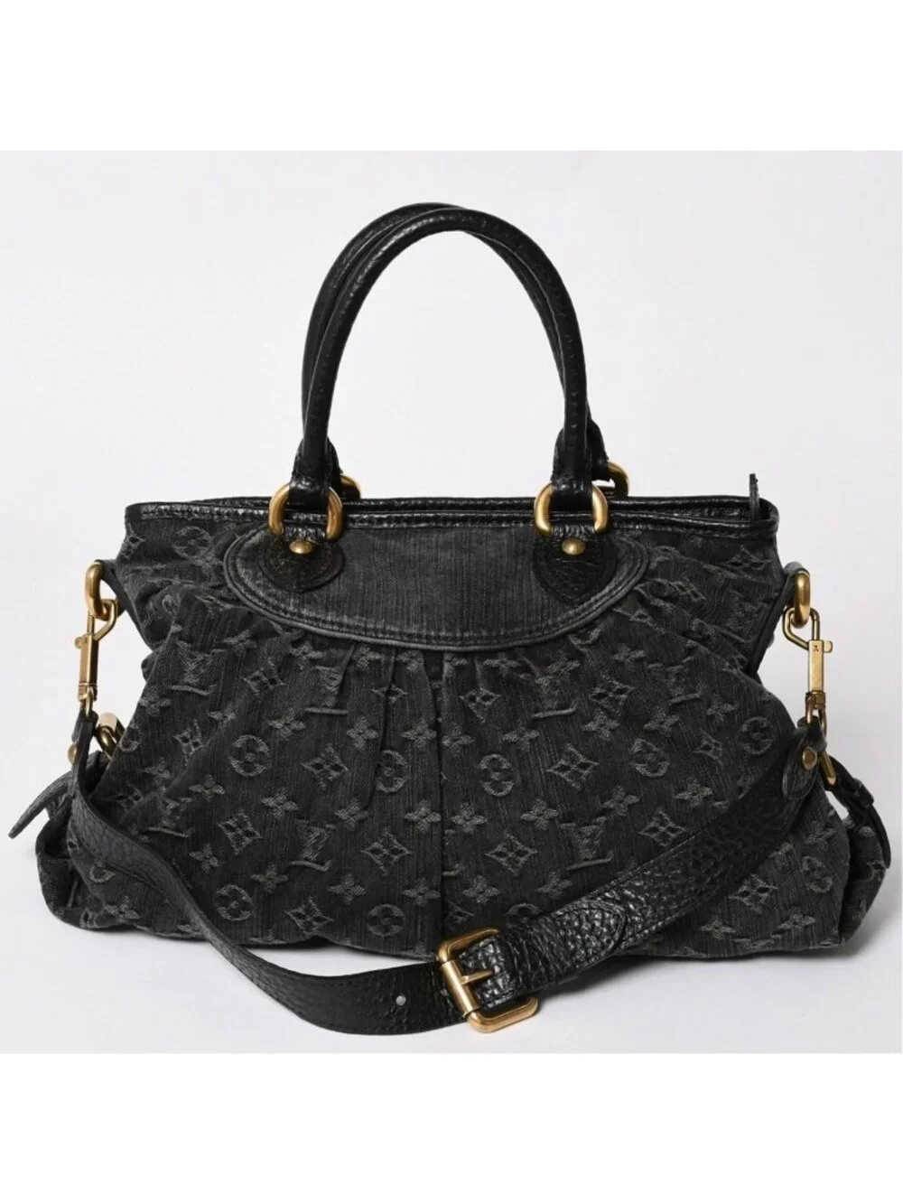 Louis Vuitton Shoulder Bag Slightly Monogram Denim Black Gold